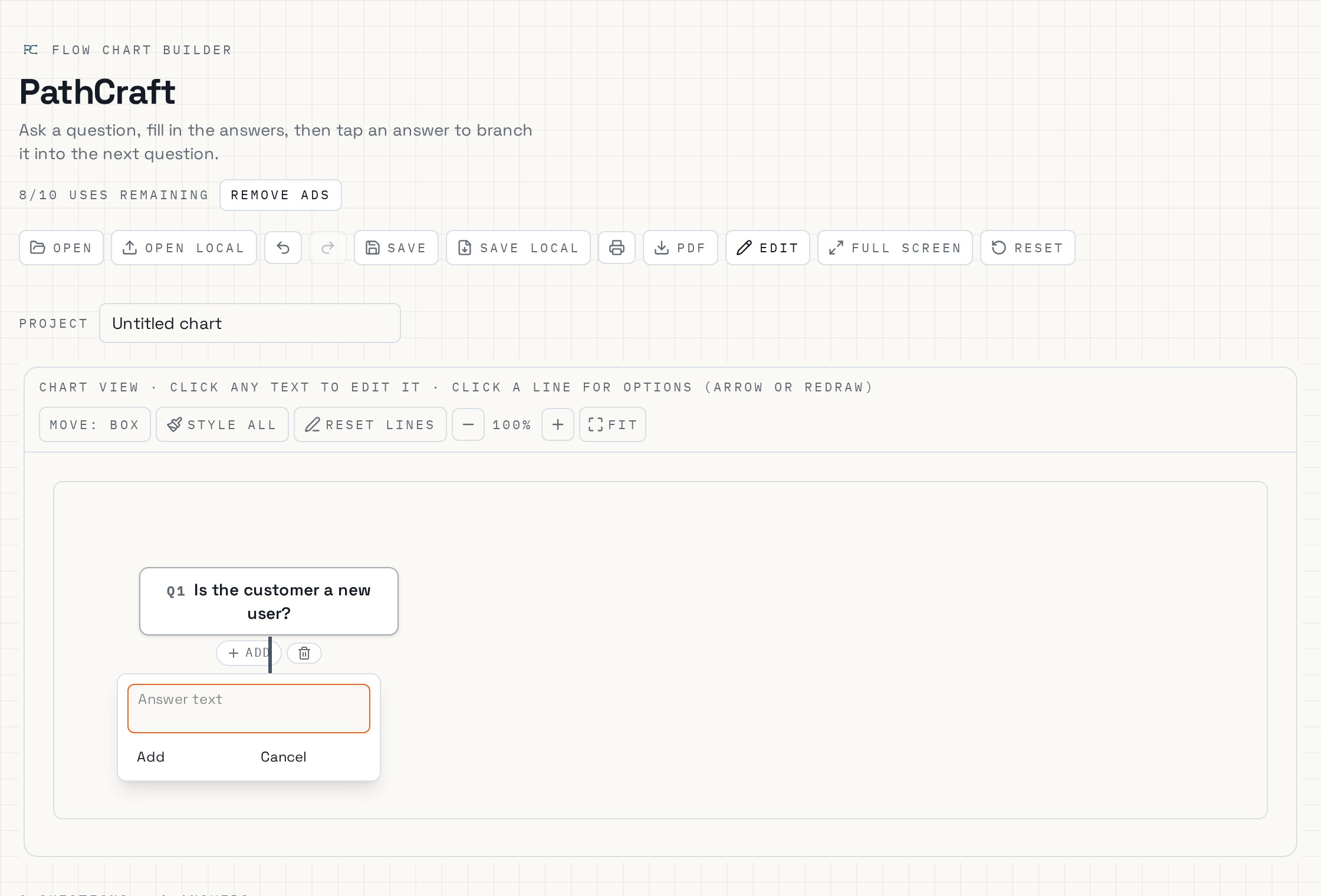 PathCraft app: Add an answer chosen — type the text, then Add